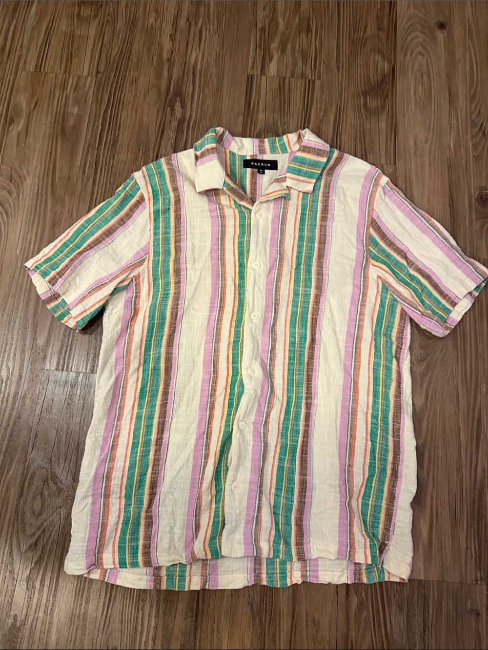 PacSun Cream Short-Sleeve Button-Up with Green, Pink & Yellow Stripes